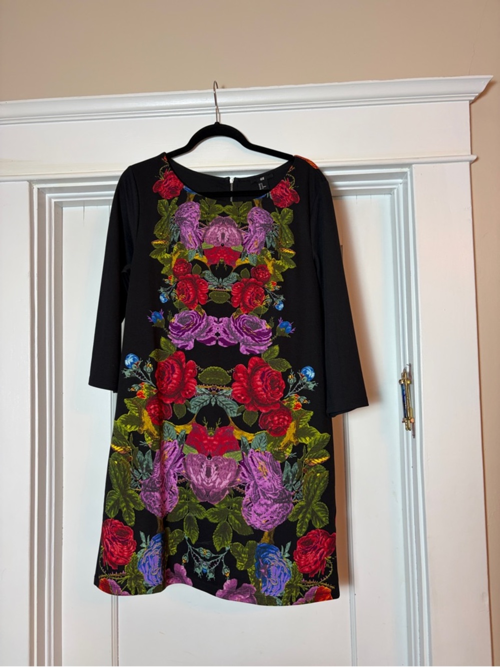 H&M Black 3/4 Sleeve Dress with Multicolor Floral Print size M